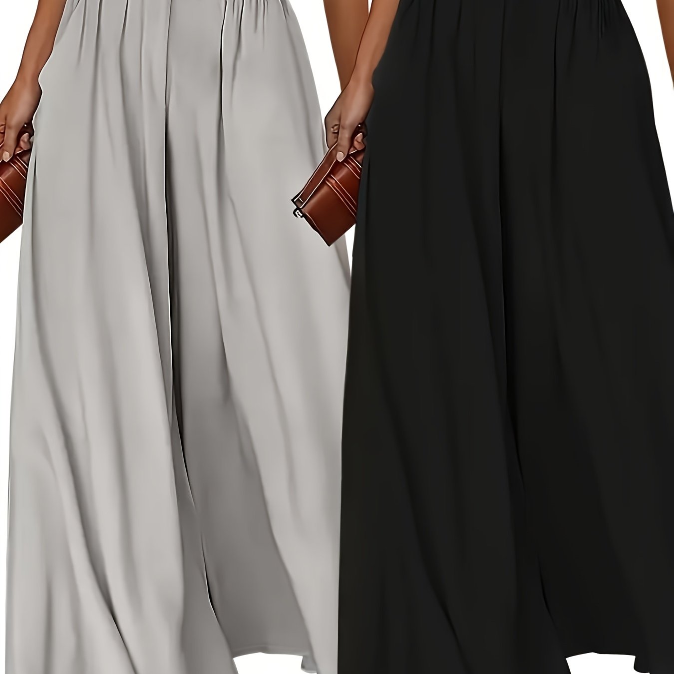 Plus Size - 2pcs Plus Size Wide-Leg Culottes - Casual High-Waist Pants with Elastic Waistband, Non-Stretch Fabric, Solid Color, Relaxed Fit for Spring/Summer/Fall, Casual Attire|Elastic Waistband Pants|Nonstretch Fabric
