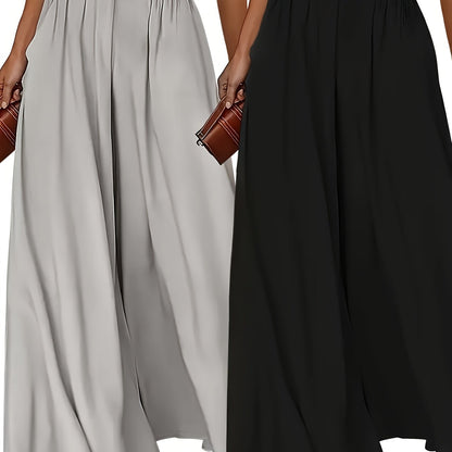 Plus Size - 2pcs Plus Size Wide-Leg Culottes - Casual High-Waist Pants with Elastic Waistband, Non-Stretch Fabric, Solid Color, Relaxed Fit for Spring/Summer/Fall, Casual Attire|Elastic Waistband Pants|Nonstretch Fabric