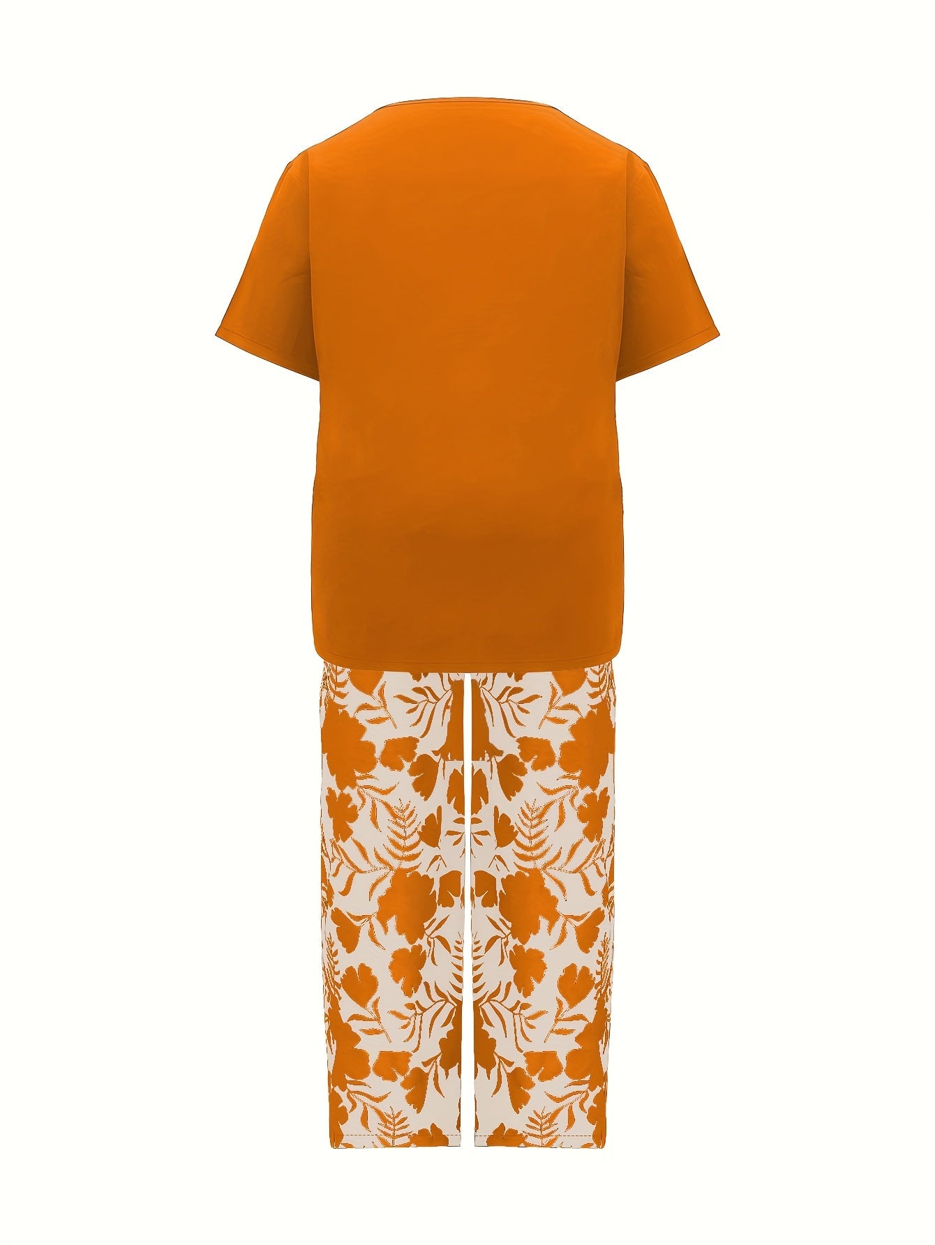 Plus Size Elegant Two-piece Set, Solid Crew Neck Short Sleeve Top & Floral Print Pants Outfits, Women's Plus Size Clothing