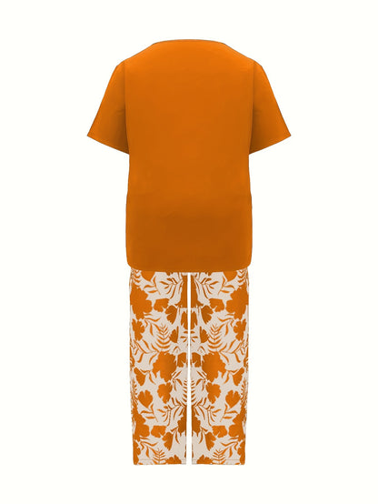 Plus Size Elegant Two-piece Set, Solid Crew Neck Short Sleeve Top & Floral Print Pants Outfits, Women's Plus Size Clothing