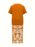 Plus Size Elegant Two-piece Set, Solid Crew Neck Short Sleeve Top & Floral Print Pants Outfits, Women's Plus Size Clothing