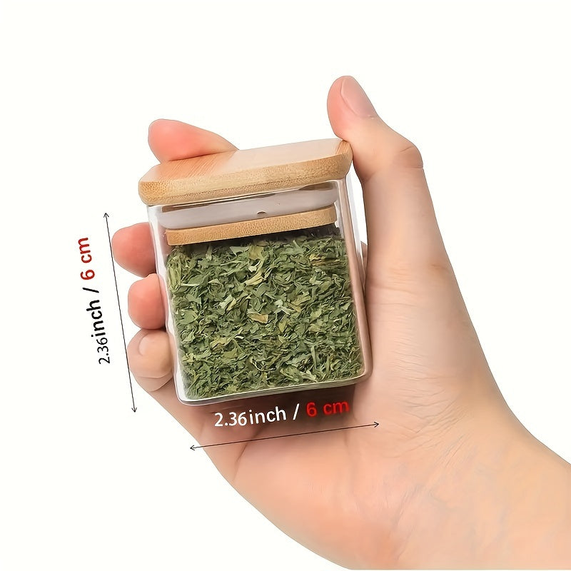12pcs Glass Spice Jars Set with Natural Bamboo Lids, Airtight Square Jars with Waterproof Sticker Labels, Food Storage Containers, Empty Small Spice Jars for Spices, Salt, Sugar