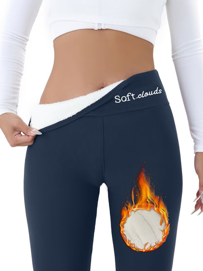 Women's Elegant Embroidered Fleece-Lined Leggings - Soft, Stretchy, Warm Fall & Winter Black Pants with Flame Detail, Plus Size Pants