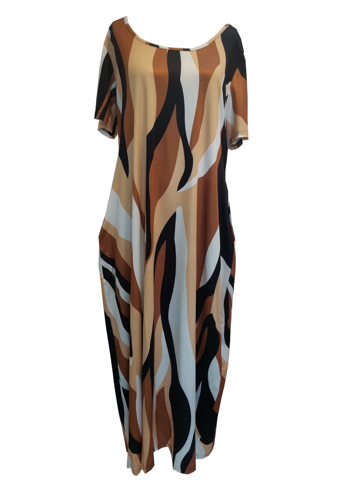 [1pc Plus Size Geometric Print Maxi Dress] 1pc Plus Size Geometric Print Maxi Dress, Stretchy Polyester Knit, Round Neck, Short Sleeve, Casual Loose Fit with Pockets, All-Season Versatile Style