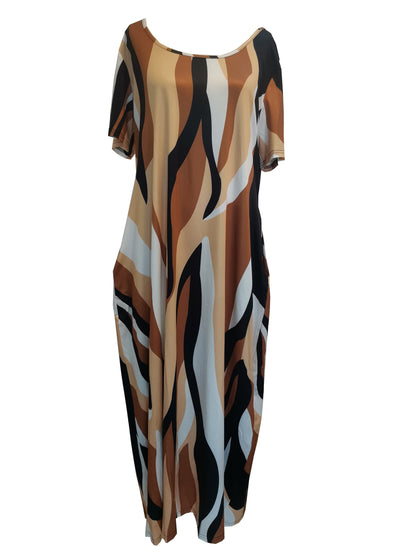 [1pc Plus Size Geometric Print Maxi Dress] 1pc Plus Size Geometric Print Maxi Dress, Stretchy Polyester Knit, Round Neck, Short Sleeve, Casual Loose Fit with Pockets, All-Season Versatile Style