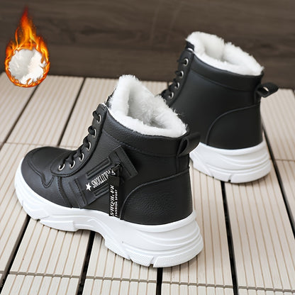 Women's Side Zipper Winter Thermal Snow Boots With Fleece Lining, Height Increased Thick-soled Platform Comfortable Lace-up Mid-tube Boots