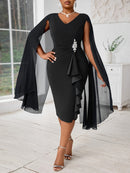 Plus Size, Women's Fashionable and Elegant Batwing Sleeve Mesh Splicing Plus Size Wrap Dress