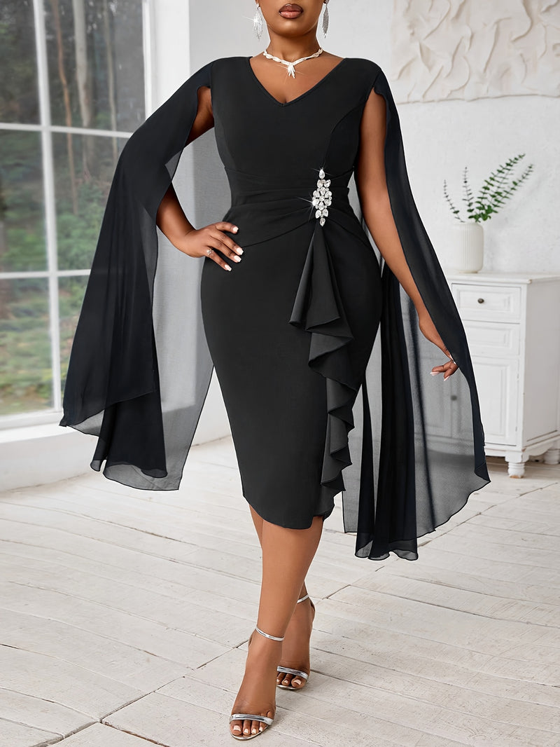 Plus Size, Women's Fashionable and Elegant Batwing Sleeve Mesh Splicing Plus Size Wrap Dress
