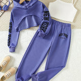 Girls' 3pcs Fashion Outfit, Short Hoodie and Tank Top with Athletic Pants Set, New York Print Casual Long Sleeve Top, Kids Spring/Summer/Autumn/Winter Clothing, Knitted Fabric, Stretchy, Letter Pattern, Regular Fit, Polyester