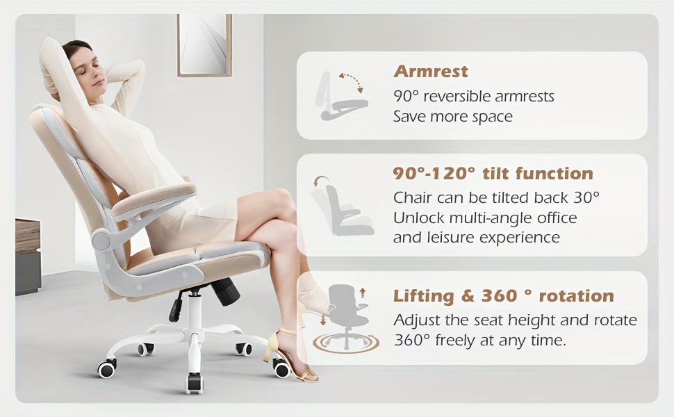 Ergonomic Beige Velvet Office Chair with Lumbar Support, Adjustable Armrests & Swivel Base - Comfortable Executive Desk Chair for Home, Study, or Bedroom