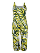 Plus Size, Plus Size Women's Sleeveless V-Neck Geometric Striped Jumpsuit - Wide-Leg Beach Vacation Outfit, Green Yellow White Purple Casual Elegance, Machine Washable All-Season Wear, Beach Clothes, Summer Wardrobe, Elegant