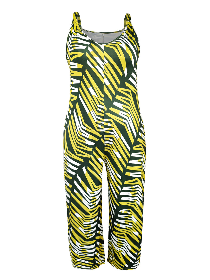 Plus Size, Plus Size Women's Sleeveless V-Neck Geometric Striped Jumpsuit - Wide-Leg Beach Vacation Outfit, Green Yellow White Purple Casual Elegance, Machine Washable All-Season Wear, Beach Clothes, Summer Wardrobe, Elegant