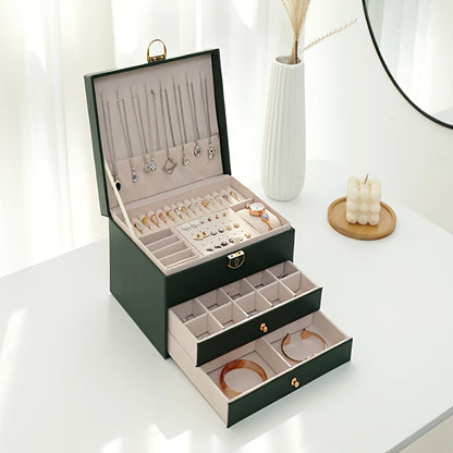 Elegant 3-Layer Lockable Jewelry Box - Space-Saving Dresser Organizer for Earrings &amp; Accessories, Perfect Gift for Women