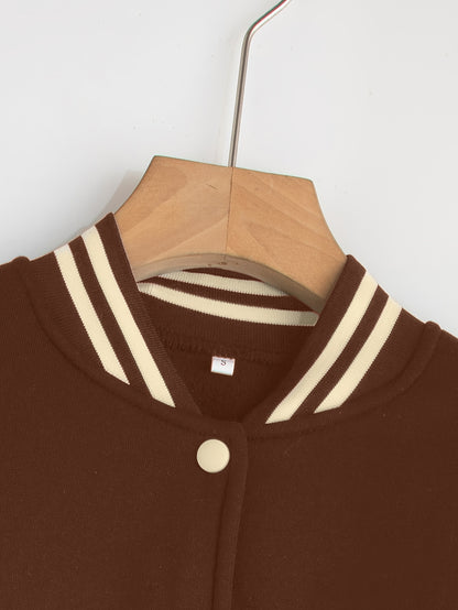 Chic Plus Size Women's Baseball Jacket - Casual Fall/Winter Coat with Letter Print, Button-Up Front, Machine Washable