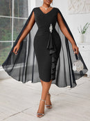 Plus Size, Women's Fashionable and Elegant Batwing Sleeve Mesh Splicing Plus Size Wrap Dress