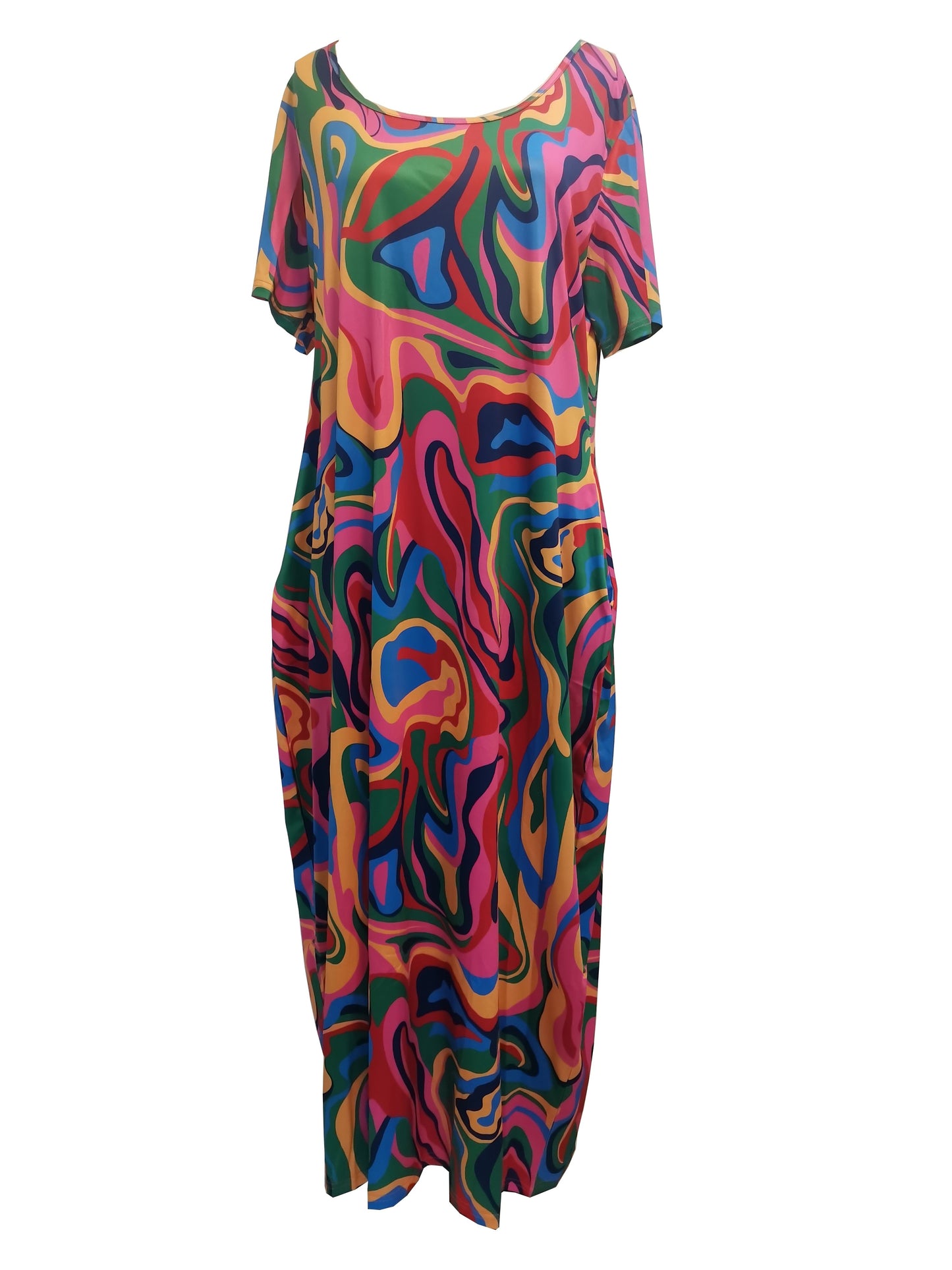[1pc Plus Size Geometric Print Maxi Dress] 1pc Plus Size Geometric Print Maxi Dress, Stretchy Polyester Knit, Round Neck, Short Sleeve, Casual Loose Fit with Pockets, All-Season Versatile Style