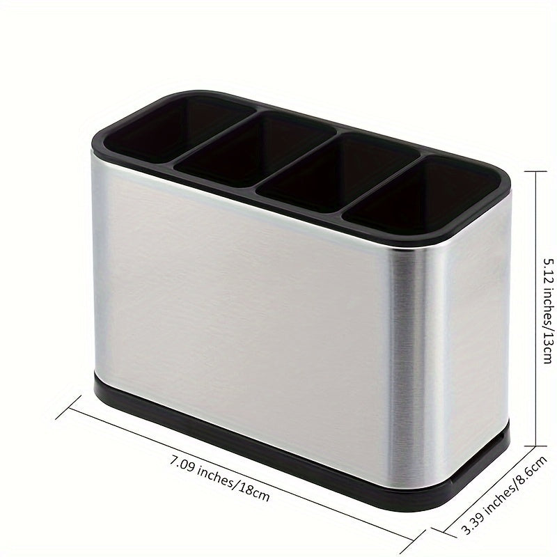Stainless Steel Tableware Storage Box with 4 Separate Compartments, Anti-Slip Base and Removable Drip Tray - Rust Proof Kitchen Countertop Utensil Organizer