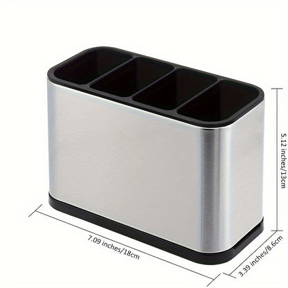 Stainless Steel Tableware Storage Box with 4 Separate Compartments, Anti-Slip Base and Removable Drip Tray - Rust Proof Kitchen Countertop Utensil Organizer