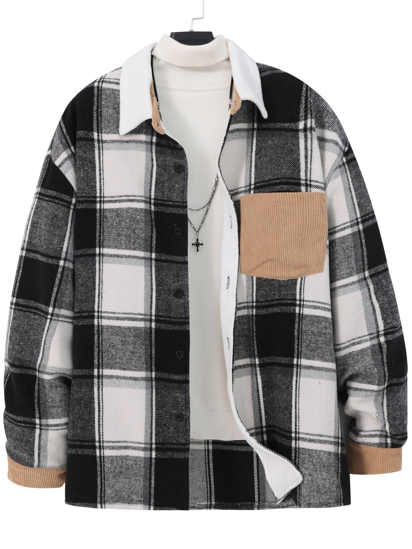 1pc Men'S Casual Plaid Fleece Jacket, Thickened Outerwear with Button Closure, Polyester Fabric, Non-Stretch, Regular Fit, Autumn/Winter Season, Solid Color Pocket Detail