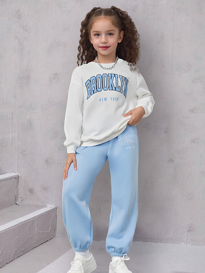 Tween Girls 2pcs/set Casual outdoor Comfy Outfit, BROOKLYN Print Long Sleeve Sweatshirt & Sweatpants For Spring & Fall Sports Daily Wear