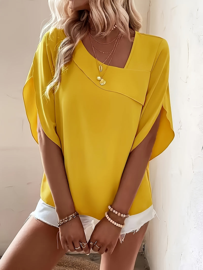 Solid Color Asymmetrical Neckline Straight Hem Blouse with Ruffle Sleeves