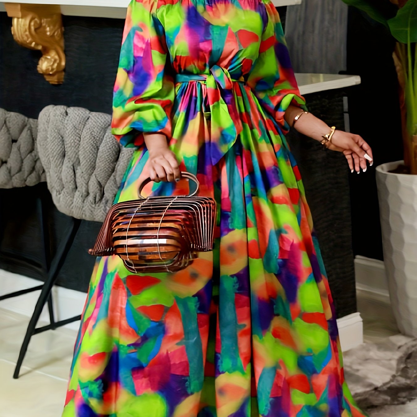 Women'S Off-Shoulder Maxi Dress, Geometric Print, Polyester & Spandex Blend, Casual Fashion, One-Shoulder, Long Flowy Skirt, All Seasons, Adult Size, Woven Fabric