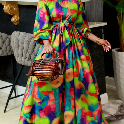 Women'S Off-Shoulder Maxi Dress, Geometric Print, Polyester & Spandex Blend, Casual Fashion, One-Shoulder, Long Flowy Skirt, All Seasons, Adult Size, Woven Fabric