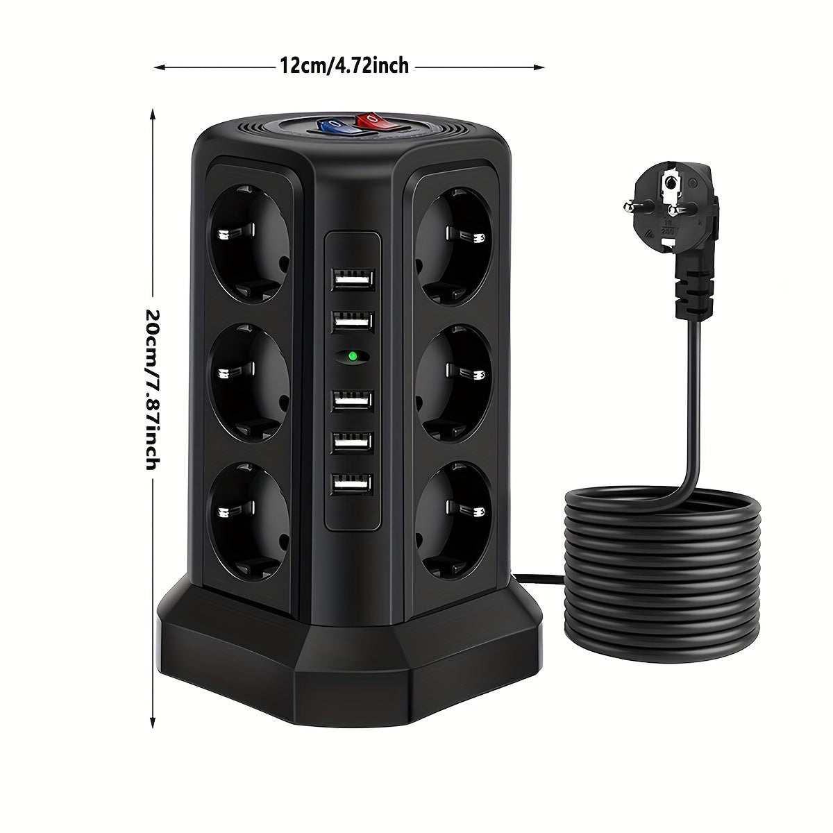 Tower Multi Power Strip Vertical EU Plug 12 Way Outlets Sockets With 5 USB Switch Multiple Vertical Power Strip 2 Switches Multi Socket Power Strip, Surge Protection And Short Circuit Protection