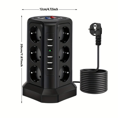 Tower Multi Power Strip Vertical EU Plug 12 Way Outlets Sockets With 5 USB Switch Multiple Vertical Power Strip 2 Switches Multi Socket Power Strip, Surge Protection And Short Circuit Protection