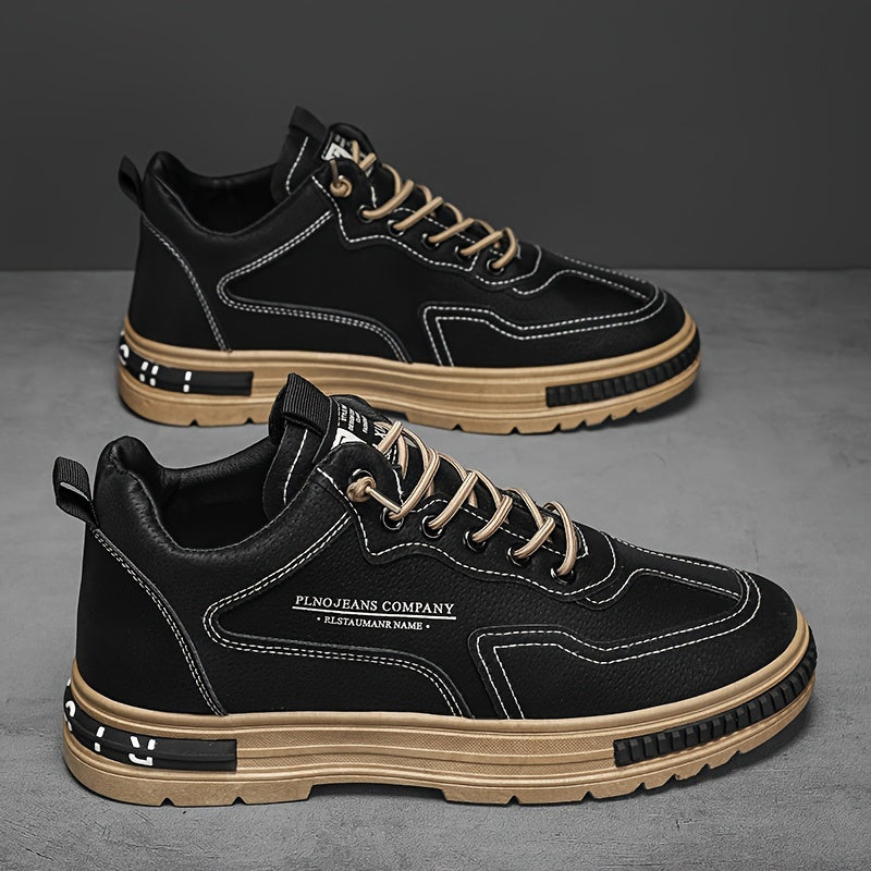 1pc Men's Lace-Up Sneakers - Casual/Retro/Street Style, All-Season, Solid Color, Breathable Low-Top Shoes with PU Upper, Fabric Lining, PVC Sole, Cloth Insole, Round Toe, for Daily & Outdoor Activities / Construction Work, Me