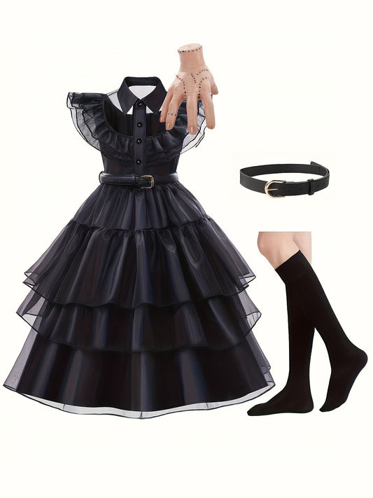 5pcs Girls' Princess Costume, V-neck Flying Sleeve Belted Elegant Long Dress Cosplay Birthday Party Halloween Prom Party Dress 2-12T With Wig Socks Necklace And Gloves Set mardi gras