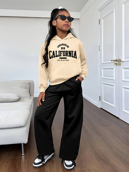 Conjunto de sudadera con capucha y pantalón ancho para niña, informal, con estampado de letras y dibujos animados, 304, poliéster elástico, corte holgado, otoño/invierno, tejido de punto, ropa juvenil, para exteriores.