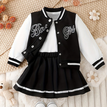 Conjunto de 2 piezas de chaqueta de béisbol con estampado de niña y falda plisada para exteriores, ideal para fiestas y deportes.