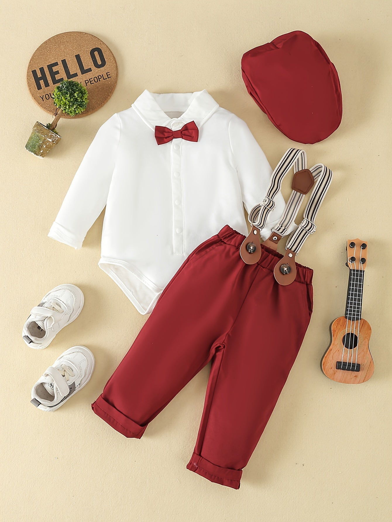 Baby's Gentleman Outfit For Spring Fall, Bowtie Bodysuit &amp; Suspender Pants &amp; Hat Set, Infant &amp; Toddler Boy's Suit For Formal Outdoor Occasions/Photography/Birthday Party/Weddings Outdoor clothing