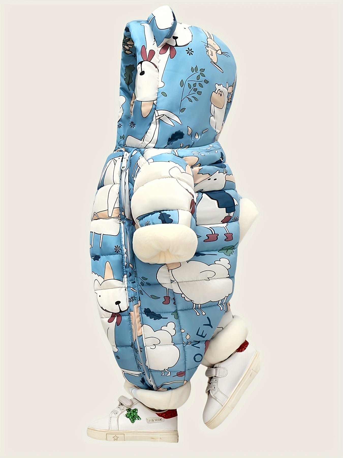 Cozy Fleece-Lined Kids' Onesie with Cute Ears & Cartoon Print - Zip-Up Long Sleeve Snowsuit for Outdoor Warmth, Easy Care, Perfect Christmas Gift for Newborns, Perfect for Outdoor