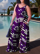Plus Size, Plus Size Women's Sleeveless V-Neck Geometric Striped Jumpsuit - Wide-Leg Beach Vacation Outfit, Green Yellow White Purple Casual Elegance, Machine Washable All-Season Wear, Beach Clothes, Summer Wardrobe, Elegant