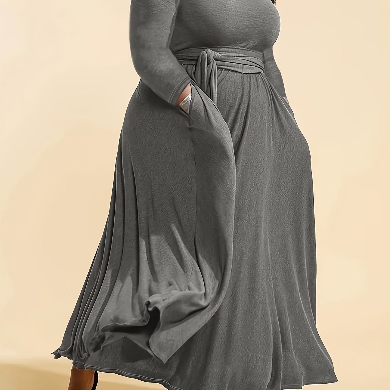 Plus Size Elegant Gray Maxi Dress with Belt - Stretchy Polyester, Long Sleeves, Round Neck, Ruffle Hem & Pockets - Machine Washable for Spring/Fall, TB6422, Waist-cinching, Long Dress