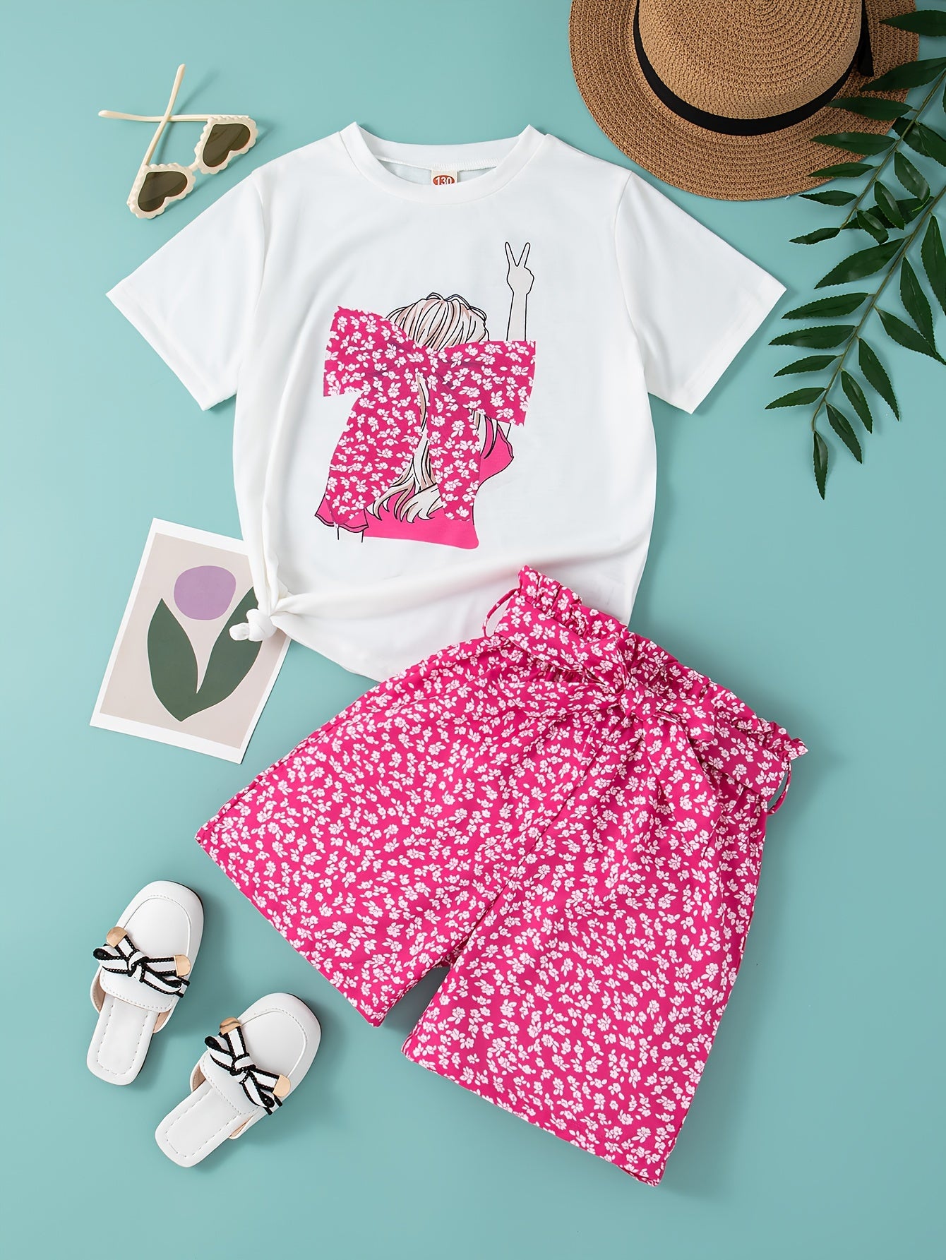 Girls' Summer Casual Outfit Set - Cartoon Print Bow T-Shirt & Floral Shorts with Belt, Breathable Polyester Blend, Perfect for Outdoor