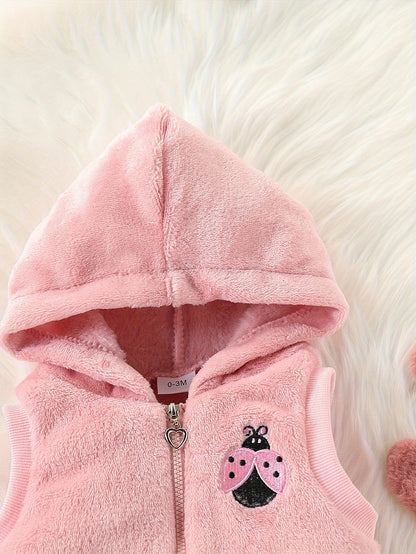 Adorable Ladybug Embroidered Flannel Hoodie &amp; Long Sleeve Top Set for Youngsters Girls - Cozy Fall/Winter Outfit, Machine Washable, Perfect for Outdoor
