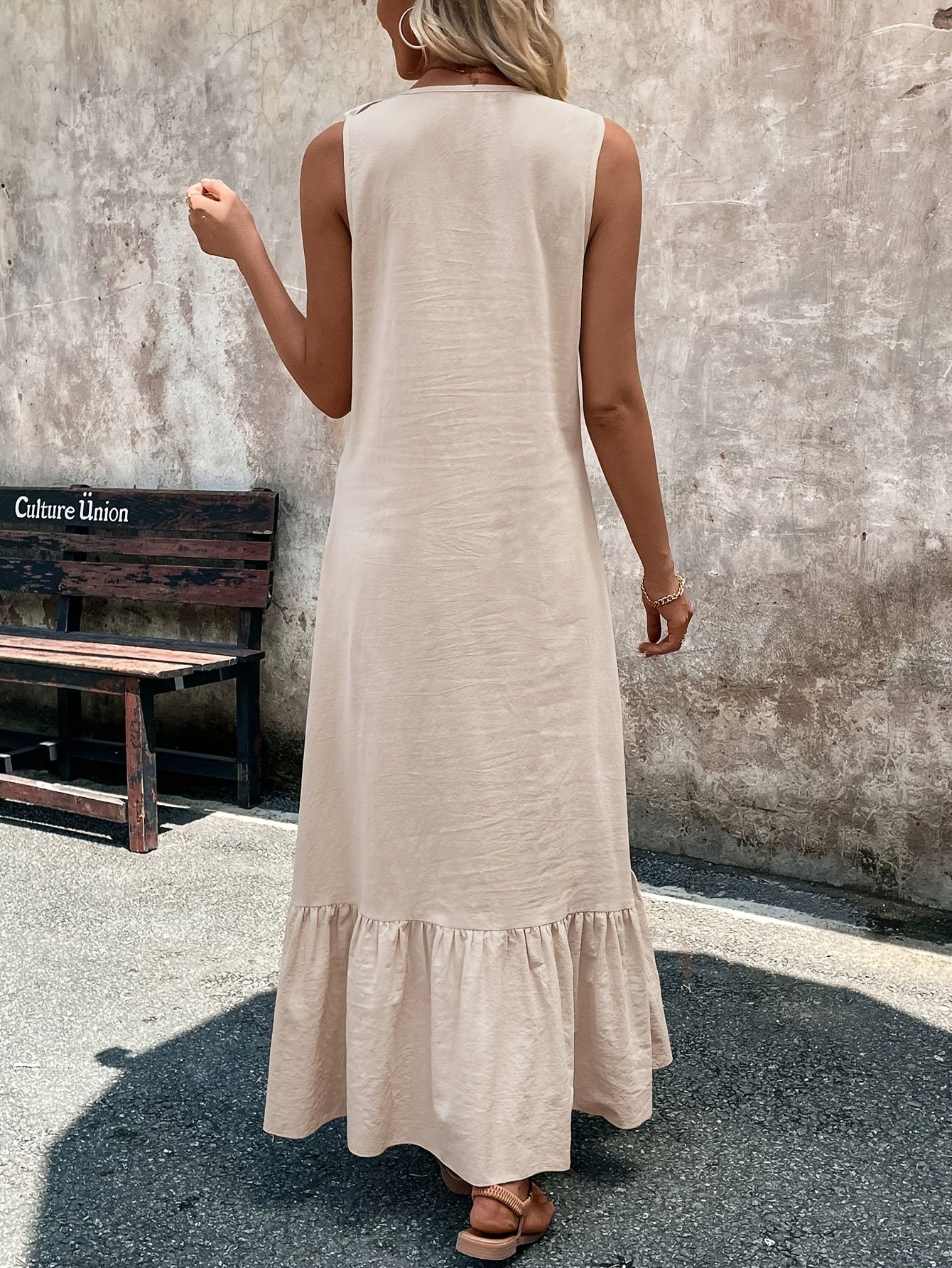 Elegant Beige V-Neck Sleeveless Dress with Ruffle Detail - Casual Polyester, A-Line Flare, Machine Washable for Spring/Summer