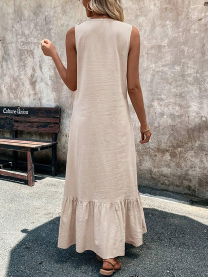 Elegant Beige V-Neck Sleeveless Dress with Ruffle Detail - Casual Polyester, A-Line Flare, Machine Washable for Spring/Summer