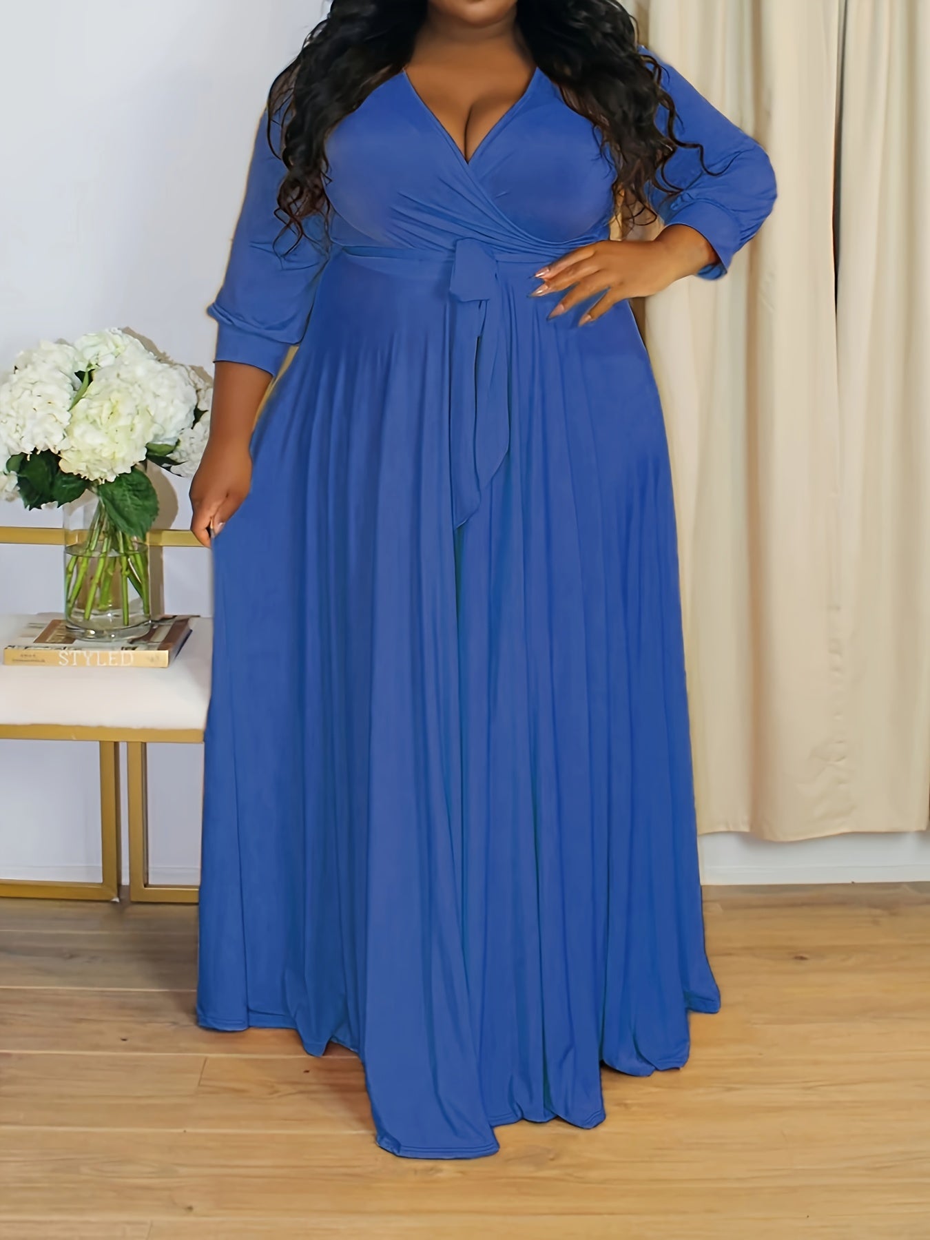 Plus Size Solid Color Tie Waist Dress, Elegant Long Sleeve Surplice Neck Maxi Dress For Spring & Fall, Women's Plus Size Clothing