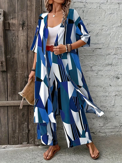 Chic Plus Size Geometric Print Women's Ensemble - Open Front Long Sleeve Shirt & Wide-Leg Pants - Elegant Polyester Casual Outfit for Fashion-Forward Ladies, Machine Washable, Plus Size Casual Outfits Set