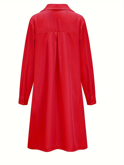 Plus Size Casual Dress, Women's Plus Solid Button Up Long Sleeve Turn Down Collar Shirt Dress