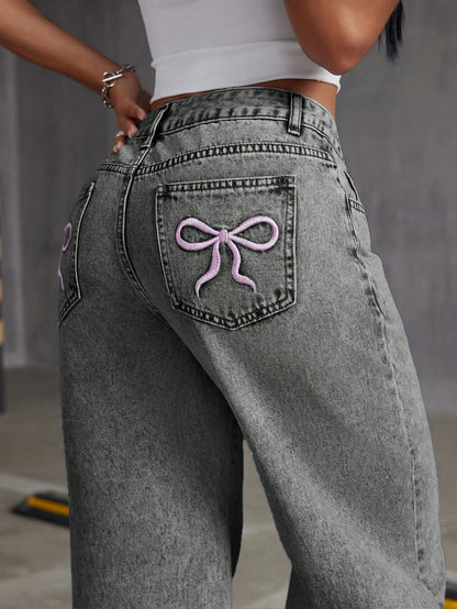 Jeans de mezclilla de moda para niñas HEY+JEANS, corte holgado largo, cintura ajustable, pierna ancha, bordado de mariposa, sin elasticidad, de temporada, cierre de cremallera, pantalones casuales juveniles.