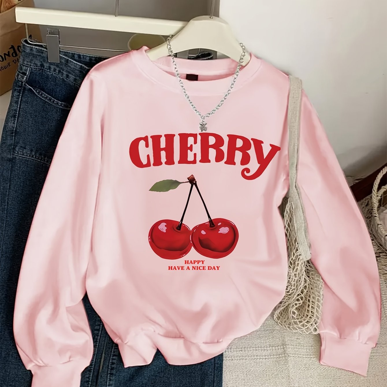 Girls' Vintage Cherry & Letter Print Casual Sweatshirt - Cozy Polyester, Round Neck, Long Sleeve for Fall/Winter