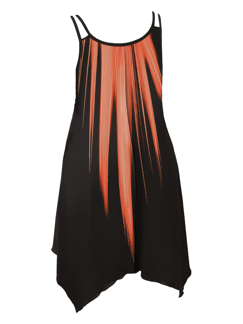 Plus Size Ombre Print Cami Dress, Vacation Style Asymmetrical Hem Sleeveless Crew Neck Dual Strap Dress For Spring & Summer, Women's Plus Size Clothing