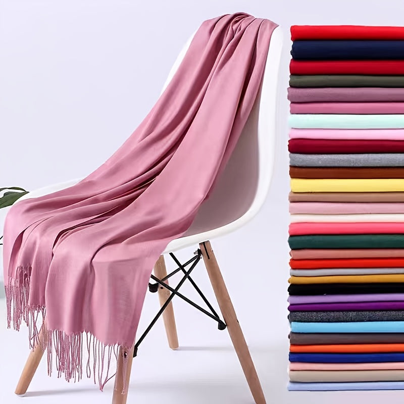 1pc Elegant and simple plain tassel long scarf with warm and versatile thin fabric, suitable for daily wear in all seasons, can also be used as a lady's air-conditioning shawl