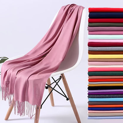 1pc Elegant and simple plain tassel long scarf with warm and versatile thin fabric, suitable for daily wear in all seasons, can also be used as a lady's air-conditioning shawl