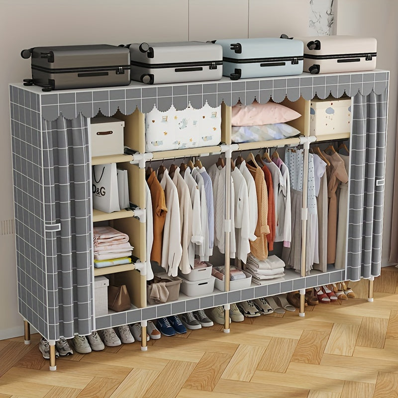 Simplified assembly of steel pipes with thickened reinforcement and 10 large capacity storage racks and 3 hanging clothes poles for storing wardrobes, easy and convenient assembly of checkered fabric cabinets